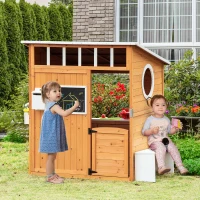 Outsunny Wooden Outdoor Playhouse for Kids with Working Door, Windows, Mailbox, Bench, Flowers Box and Blackboard, Yellow(m-1)