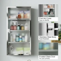 HOMCOM Wall Mount Medicine Cabinet, Bathroom Cabinet with 3 Tier Shelves, Stainless Steel Frame and Glass Door, Lockable with 2 Keys, Silver, 12" x 23.5"(m-6)