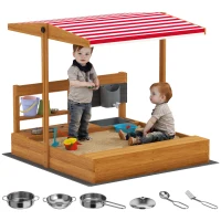 Outsunny Kids Sandbox with Cover Kitchen Playset Toys, Wooden Sand Box with Seat, Storage, for 3-7 Years Old, Red(m-9)