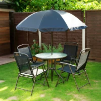 Outsunny 6 Piece Patio Dining Set for 4 with Umbrella, Outdoor Table and Chairs with 4 Folding Dining Chairs & Round Glass Table for Garden, Backyard and Poolside, Black and Coffee(m-9)