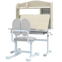 Qaba Kids Desk and Chair Set with Tilting Desktop, Adjustable Height, Drawer and Shelves for Boys Girls Ages 3-12, Grey(m-2)