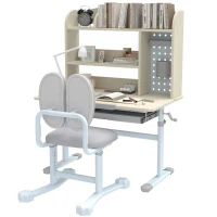 Qaba Kids Desk and Chair Set with Tilting Desktop, Adjustable Height, Drawer and Shelves for Boys Girls Ages 3-12, Grey(m-9)