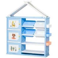 Qaba Kids Toy Storage Organizer with 4 Bins, Storage Cabinets, Bookshelf and 4-Layers Toy Collection Shelves, Blue(m-11)