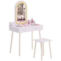 Qaba Kids Dressing Table, Girls Vanity Set with Stool, 3-Colour LED Lights Mirror, Large Drawer for Ages 3-8, Pink(m-13)