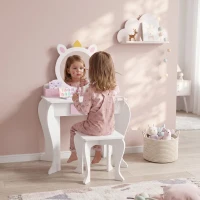Qaba Kids Makeup Vanity Set with Stool, Mirror, Drawer, Storage Boxes, Unicorn Design, White(m-8)