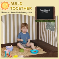 Qaba Kids Wooden Sandbox with Canopy Fully Covered, 2 Bench Seats, Bottom Liner, 56" x 40" x 52", Brown(m-5)