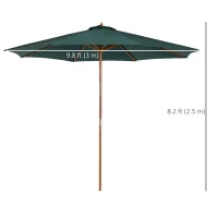 Outsunny 10FT Round Patio Umbrella with Rope Pulley Mechanism, Wooden Market Umbrella, Garden Parasol with 8 Ribs, Dark Green(m-3)