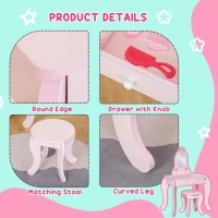 Qaba Kids Vanity Table Set with Mirror and Stool, Drawer, for 3-6 Years, Pink(m-6)