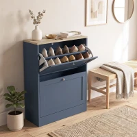 HOMCOM Slim Shoe Storage Cabinet, Modern Shoe Cabinet with 2 Flip Drawers and Adjustable Shelves for 8-12 Pairs, Blue(m-9)