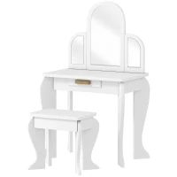 Qaba Kids Dressing Table and Chair Set, Girls Dressing Set, Makeup Desk with Drawer for 3-6 Years Old Kids, White(m-11)