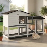 PawHut 62" Rabbit Hutch, Wooden Bunny Hutch, Guinea Pig Cage, Small Animal Enclosure with Run Area, Removable Tray, Asphalt Roof, Lockable Doors and Ramp, for Rabbits, Chickens, Ducks, White(m-10)