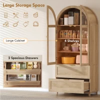 HOMCOM Arched Kitchen Pantry Cabinet, 71" Tall Farmhouse Kitchen Storage Cabinet with 2 Drawers, Acrylic Glass Doors, Oak(m-5)