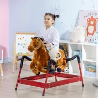 Qaba Kids Spring Rocking Horse, Ride on Horse for Girls and Boys with Sounds, Plush Animal Ride-on Toy with Soft Feel, Interactive Toy for Kids, Light Brown(m-2)