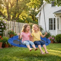 Outsunny 43.25" Saucer Swing, Nest Web Rope Seat with Adjustable Hanging Ropes, for Indoor Outdoor Children 3-12 Years Old, Blue(m-8)