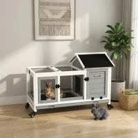 PawHut Wooden Rabbit Hutch with Wheels, Run, Slide-out Tray for Small Animals, Guinea Pig, Blue(m-11)