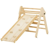 Qaba Pikler Triangle Set, 3 in 1 Climbing Toys with Ramp for Toddlers, Nature Wood(m-2)