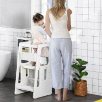 Qaba Toddler Tower with Adjustable Height, Toddler Kitchen Stool Helper with Anti-slip Mat, Step Stool for Kitchen, Bathroom, White(m-2)