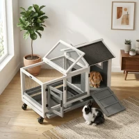 PawHut Wooden Rabbit Hutch with Wheels, Run, Slide-out Tray for Small Animals, Guinea Pig, Blue(m-13)