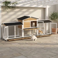 PawHut 90.5" Wooden Rabbit Hutch Bunny Cage Pet Playpen House Enclosure with Double Side Run Boxes, No Leak Tray, Ramp, for Rabbits, Chickens, Ducks, Guinea Pig and Small Animals, White(m-10)