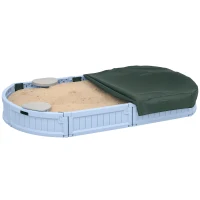 Outsunny Kids Sandbox with Cover, Seat, Sandbox Outdoor for Backyard, Light Blue(m-9)