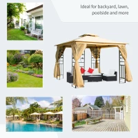 Outsunny 10'x10' Soft-top Steel Patio Gazebo Outdoor Sun Shelter with 2-Tier Polyester Roof, Curtain Sidewalls, Beige(m-7)