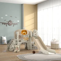 Qaba 7-in-1 Toddler Slide, Kids Slide for Ages 1-6 Years w/ Ring Toss, Basketball Hoop, Telescope Climber, Storage Space(m-10)