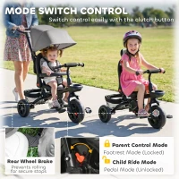 Qaba Tricycle for Toddler 5 in 1 Kids Trike, Foldable Converts Stroller to Toddler Bike, Adjustable Backrest & Curved Canopy, Detachable Guardrail & Handle for 1-5 Years Old, Grey(m-9)