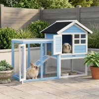 PawHut 49" Wooden Rabbit Hutch Bunny Cage with Waterproof Asphalt Roof, Fun Outdoor Run, Removable Tray and Ramp, for Rabbits, Chickens, Ducks, Light Blue(m-9)