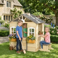 Outsunny Outdoor Playhouse, Wooden Kids Playhouse with Working Door, Windows, Bench, Service Station, Flower Pot Holder, Cottage Play House for 3-7 Years Old Pretend Play, Natural(m-2)