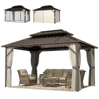 Outsunny 10' x 14' Hardtop Gazebo with Double Galvanized Steel Roof Canopy, Aluminum Frame Permanent Gazebo, Brown(m-2)