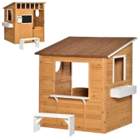 Outsunny Wooden Outdoor Playhouse for Kids with Working Door, Windows, Mailbox, Bench, Flowers Box and Blackboard, Yellow(m-9)