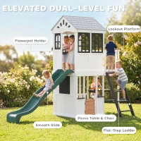 Qaba Two-Story Outdoor Playhouse, Wooden Kids Playhouse with Slide, Table & Bench, Play Kitchen, Ladder, Blackboard, White(m-4)