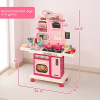 Qaba Kids Kitchen Playset, Play Kitchen with Lights, Sounds, Circulating Water Sink, Storage, 33 PCS for 3-6 Years, Pink(m-3)