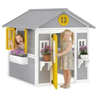 Outsunny Wooden Playhouse for Kids Outdoor with Door, Windows, Planter Pots and Boxes for Toddlers 3-8 Years, Grey(m-9)