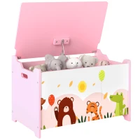 Qaba Kids Storage Chest with Lid, Toy Box Organizer with Safety Hinges for Playroom, Bedroom, Living Room, Pink(m-9)
