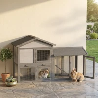 PawHut 58" Large Rabbit Hutch Outdoor Indoor, Wooden Bunny Hutch, Guinea Pig Cage with Run, Removable Tray, Asphalt Roof, Lockable Doors and Ramp, for 1-2 Small Rabbits, Chickens, Ducks, Dark Gray(m-10)