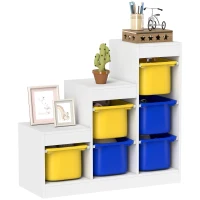 Qaba 3 Layers Toy Storage Organizer Kids Bookshelf Children Toy Storage w/ 6 Plastic Bins, Yellow & Blue(m-9)