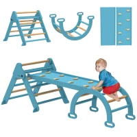 Qaba 7-in-1 Pikler Triangle Set, Foldable Wooden Climbing Toys with Arch, Ramp and Ladder for Toddlers 1-4 Years, Blue(m-9)