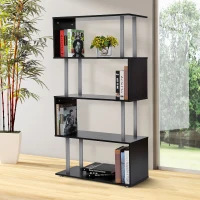 HomCom Modern S-Shaped 5 Tier Room Dividing Bookcase Wooden Storage Display Stand Shelf - Black(m-10)