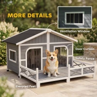 PawHut Dog House Outdoor, Wooden Dog Kennel Weatherproof with Porch, Openable Roof, Removable Bottom, Elevated Floor, Double Room for 2 Small to Medium Breeds, Gray(m-7)