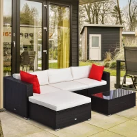 Outsunny 5 Pieces Patio Wicker Patio Furniture Sofa Set with Thick Cushions, Outdoor Modular PE Rattan Sectional Conversation Couch with Glass Top Table, Cream White(m-1)