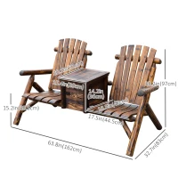 Outsunny 64" Double Wooden Garden Bench with Table, 2-Seater Adirondack Loveseat with Ice Bucket, High Backrest, Armrests, for Yard, Lawn, Porch, Patio, Rustic Brown(m-3)