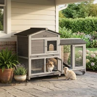 PawHut 62" Wooden Mobile Rabbit Hutch with Wheels, Run Box, Slide-out Tray, Ramp(m-12)