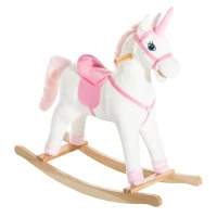 Qaba Kids Plush Toy Rocking Horse Unicorn with Realistic Sounds, White & Pink(m-2)