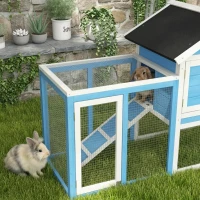 PawHut 49" Wooden Rabbit Hutch Bunny Cage with Waterproof Asphalt Roof, Fun Outdoor Run, Removable Tray and Ramp, for Rabbits, Chickens, Ducks, Light Blue(m-8)