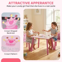 Qaba 3-Piece Set Kids Wooden Table Chair with Crown Pattern Easy to Clean Gift for Girls Toddlers Age 2-4 Years Old Pink(m-7)