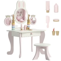 Qaba Kids Vanity Set, Kids Makeup Vanity Table and Chair with Triple Mirrors, 5 Pcs Accessories and Drawer for Girls 3+, Pink(m-13)