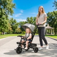 Qaba Tricycle for Toddler 5 in 1 Kids Trike, Foldable Converts Stroller to Toddler Bike, Adjustable Backrest & Curved Canopy, Detachable Guardrail & Handle for 1-5 Years Old, Grey(m-1)
