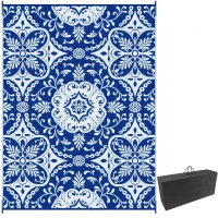 Outsunny Outdoor Rug for Patio, 9' x 12' Waterproof Large Mat, Reversible Plastic Straw Rug for Decor, Portable Outside RV Camping Area Carpet Mat for Backyard Porch Deck Picnic, Blue & White Floral(m-1)