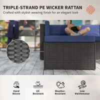Outsunny 3 Piece Patio Furniture Set, Wicker Outdoor Patio Conversation Furniture Set with Cushions, Glass Top Table, Navy Blue(m-5)